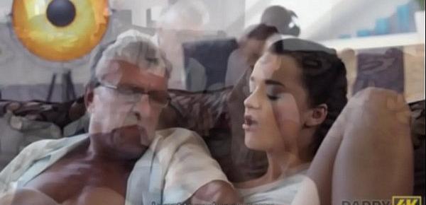  DADDY4K. Skillful old man manages to fuck comely brunette on sofa